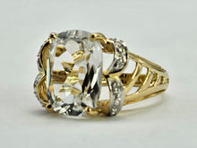 Load image into Gallery viewer, 1044: Vintage: 9ct Gold Large Glacier Topaz 8 Diamonds Cocktail Ring- sparkling statement piece.
