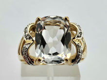 Load image into Gallery viewer, 1044: Vintage: 9ct Gold Large Glacier Topaz 8 Diamonds Cocktail Ring- sparkling statement piece.
