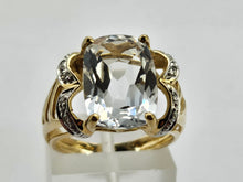 Load image into Gallery viewer, 1044: Vintage: 9ct Gold Large Glacier Topaz 8 Diamonds Cocktail Ring- sparkling statement piece.
