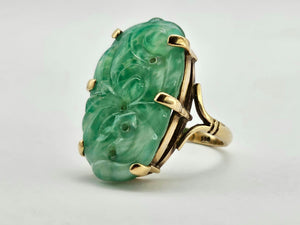 1327: Vintage 9ct Gold Large Carved Chinese Jade Statement Ring-spectacular