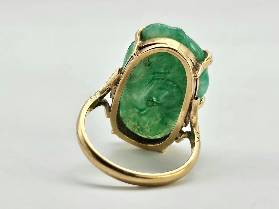 6251 Vintage 9ct Gold Large Carved Chinese Jade Statement Ring