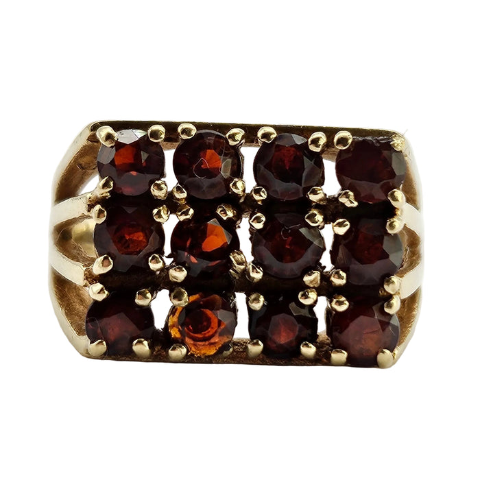 6301 Vintage: 9ct Gold Rich Red Garnets Geometric Set Ring- From 1979