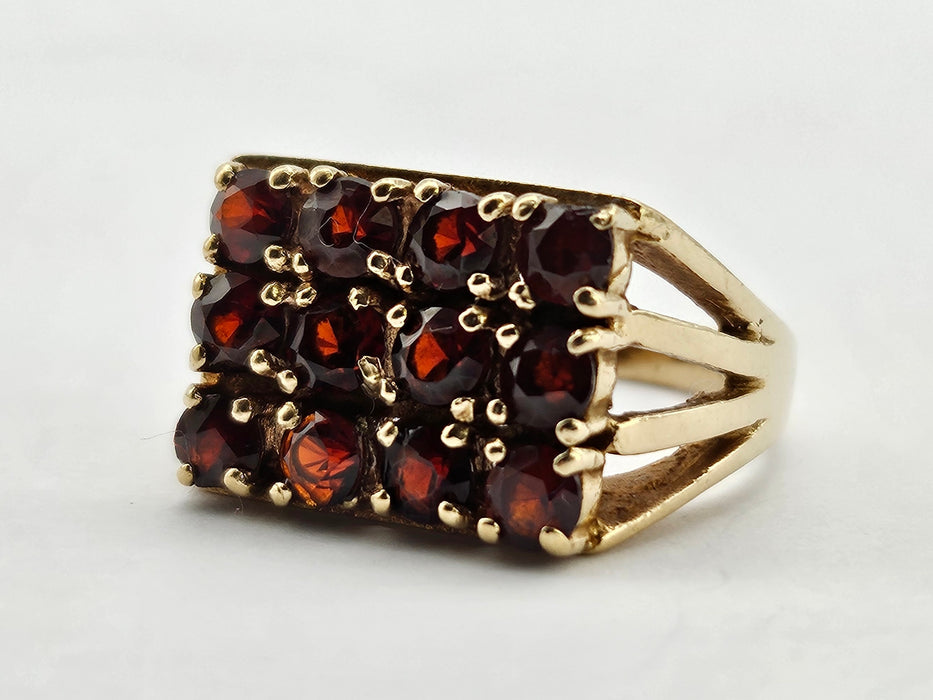 6301 Vintage: 9ct Gold Rich Red Garnets Geometric Set Ring- From 1979
