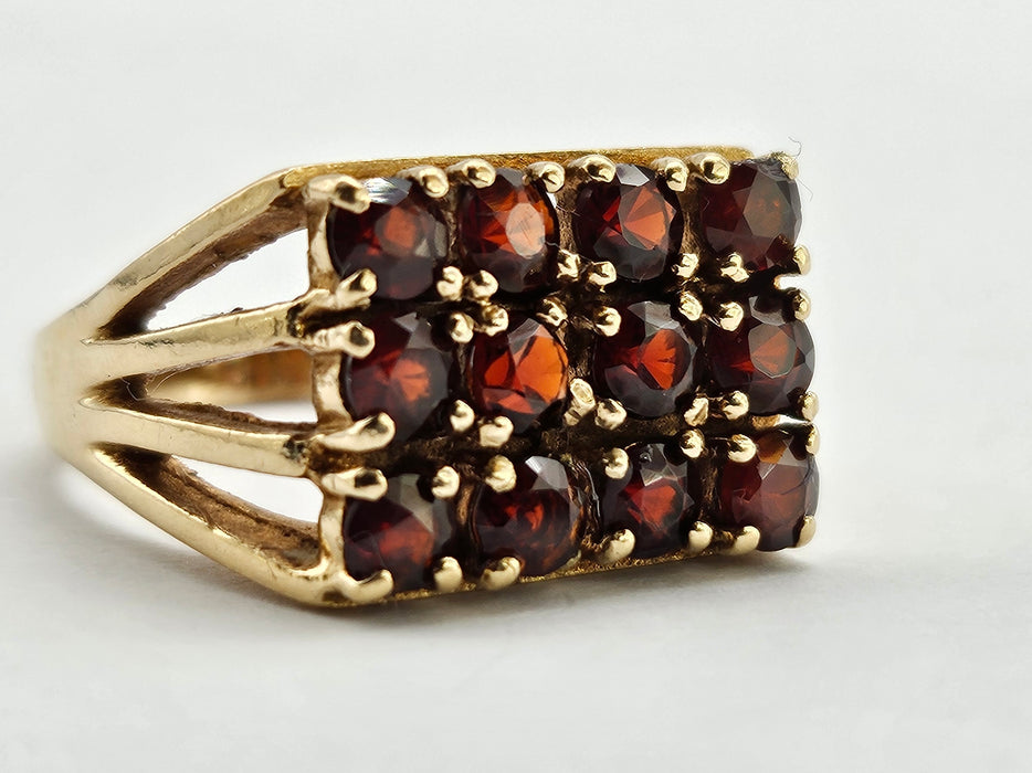 6301 Vintage: 9ct Gold Rich Red Garnets Geometric Set Ring- From 1979