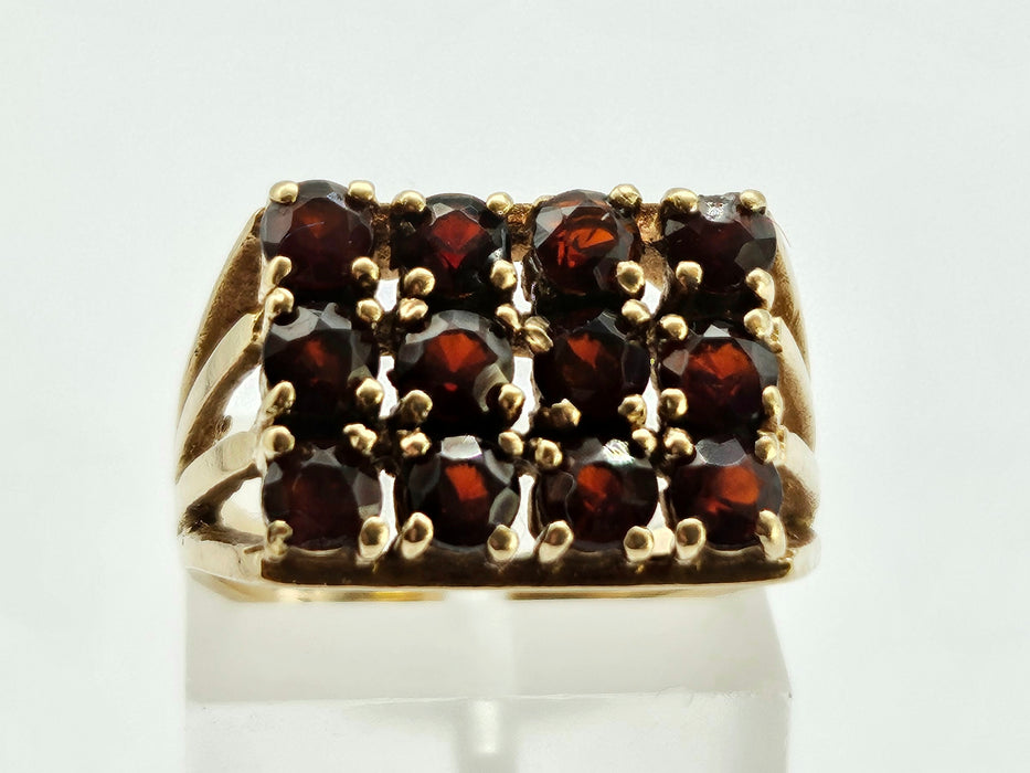 6301 Vintage: 9ct Gold Rich Red Garnets Geometric Set Ring- From 1979