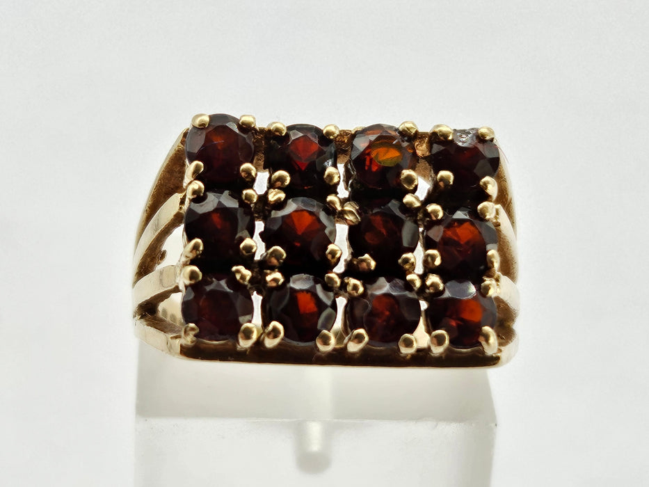 6301 Vintage: 9ct Gold Rich Red Garnets Geometric Set Ring- From 1979