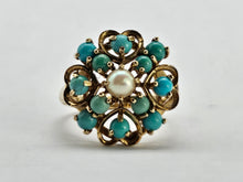 Load image into Gallery viewer, 1270: Vintage: 9ct Gold Turquoises Pearl Flower Head Ring- Date-Mark 1963
