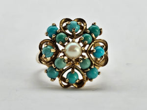 1270: Vintage: 9ct Gold Turquoises Pearl Flower Head Ring- Date-Mark 1963