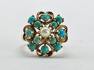 1270: Vintage: 9ct Gold Turquoises Pearl Flower Head Ring- Date-Mark 1963