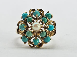 1270: Vintage: 9ct Gold Turquoises Pearl Flower Head Ring- Date-Mark 1963