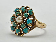 Load image into Gallery viewer, 1270: Vintage: 9ct Gold Turquoises Pearl Flower Head Ring- Date-Mark 1963
