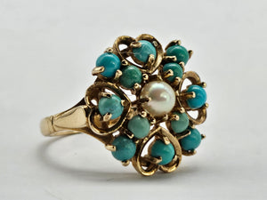 1270: Vintage: 9ct Gold Turquoises Pearl Flower Head Ring- Date-Mark 1963