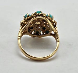 1270: Vintage: 9ct Gold Turquoises Pearl Flower Head Ring- Date-Mark 1963