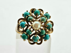 1270: Vintage: 9ct Gold Turquoises Pearl Flower Head Ring- Date-Mark 1963