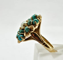 Load image into Gallery viewer, 1270: Vintage: 9ct Gold Turquoises Pearl Flower Head Ring- Date-Mark 1963
