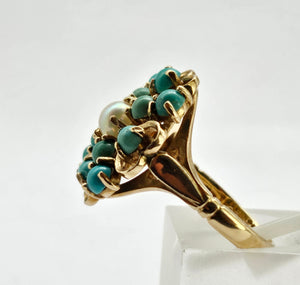 1270: Vintage: 9ct Gold Turquoises Pearl Flower Head Ring- Date-Mark 1963