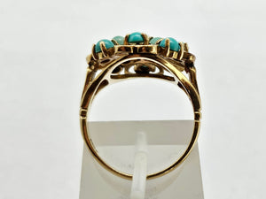 1270: Vintage: 9ct Gold Turquoises Pearl Flower Head Ring- Date-Mark 1963