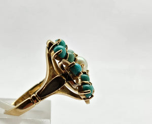 1270: Vintage: 9ct Gold Turquoises Pearl Flower Head Ring- Date-Mark 1963