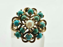 Load image into Gallery viewer, 1270: Vintage: 9ct Gold Turquoises Pearl Flower Head Ring- Date-Mark 1963
