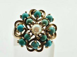 1270: Vintage: 9ct Gold Turquoises Pearl Flower Head Ring- Date-Mark 1963