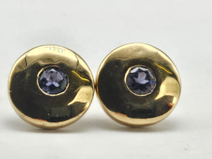 1279: Vintage: 9ct Gold Violet Iolite Bezel Set Earring- good weight