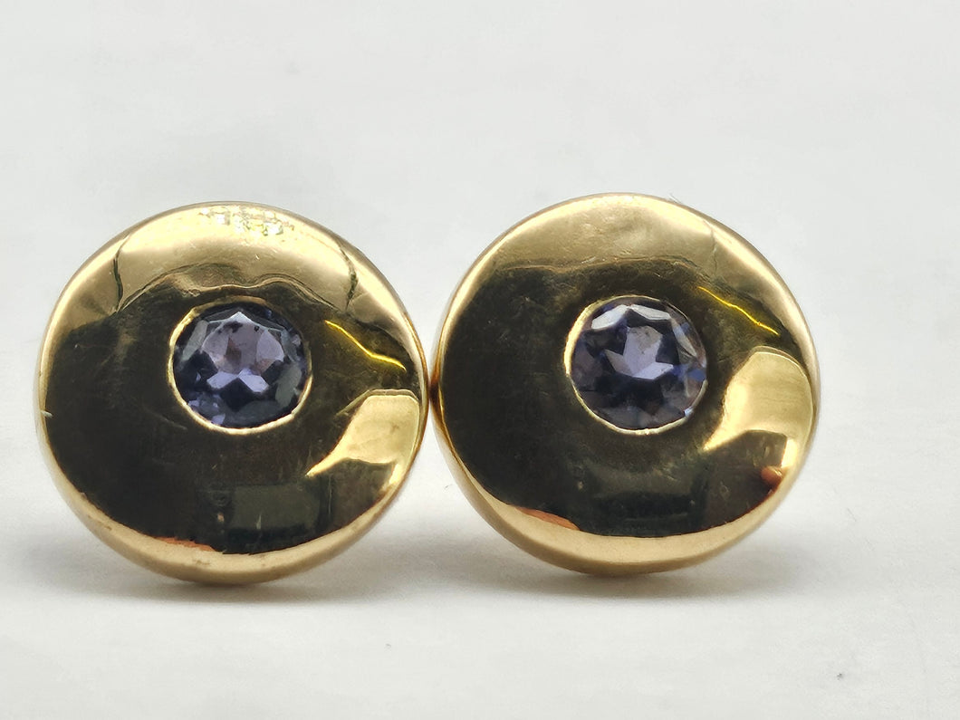 1279: Vintage: 9ct Gold Violet Iolite Bezel Set Earring- good weight
