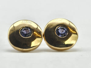 1279: Vintage: 9ct Gold Violet Iolite Bezel Set Earring- good weight