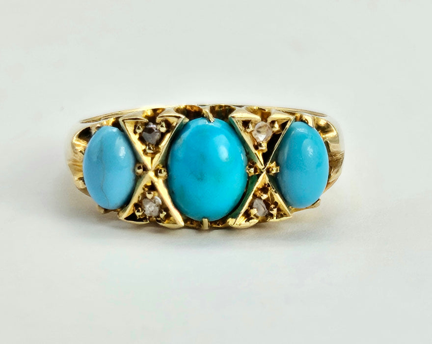 6272: Antique: 18ct Gold Turquoises Diamonds Ring-From 1902 - remarkable