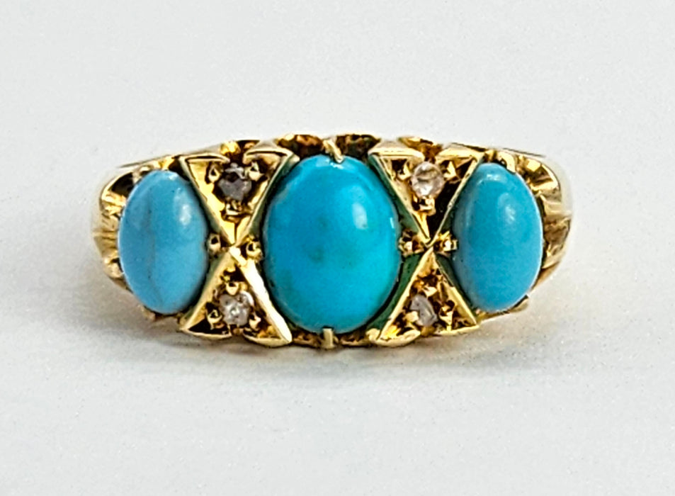 6272: Antique: 18ct Gold Turquoises Diamonds Ring-From 1902 - remarkable