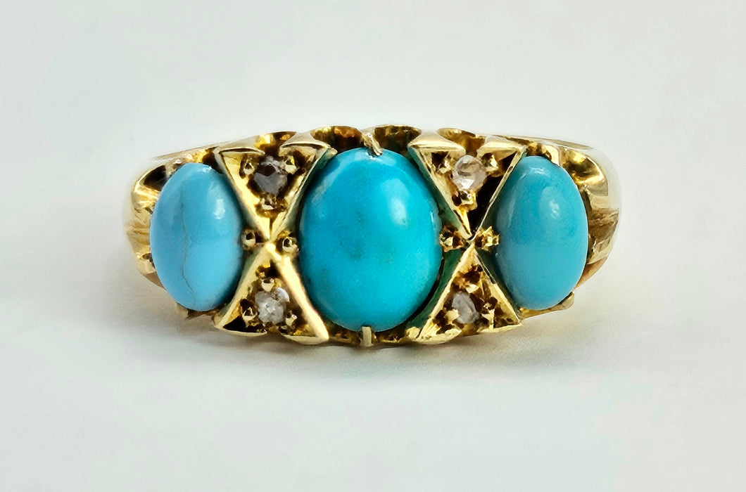 6272: Antique: 18ct Gold Turquoises Diamonds Ring-From 1902 - remarkable