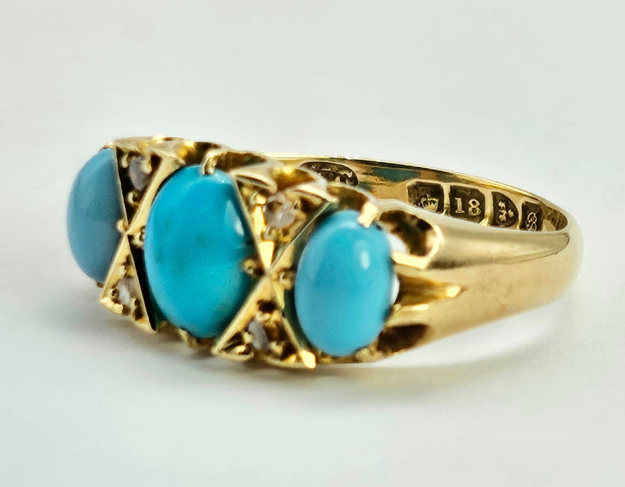 6272: Antique: 18ct Gold Turquoises Diamonds Ring-From 1902 - remarkable