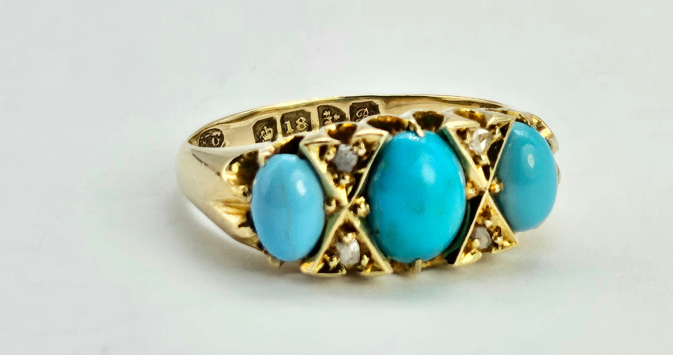6272: Antique: 18ct Gold Turquoises Diamonds Ring-From 1902 - remarkable