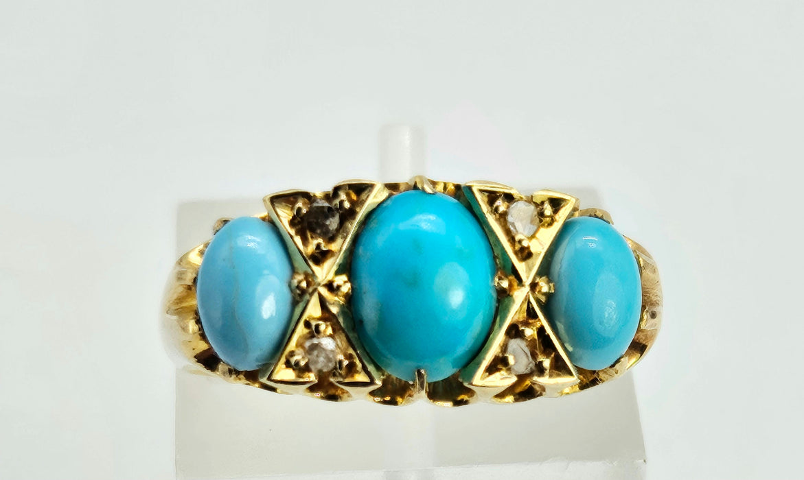 6272: Antique: 18ct Gold Turquoises Diamonds Ring-From 1902 - remarkable