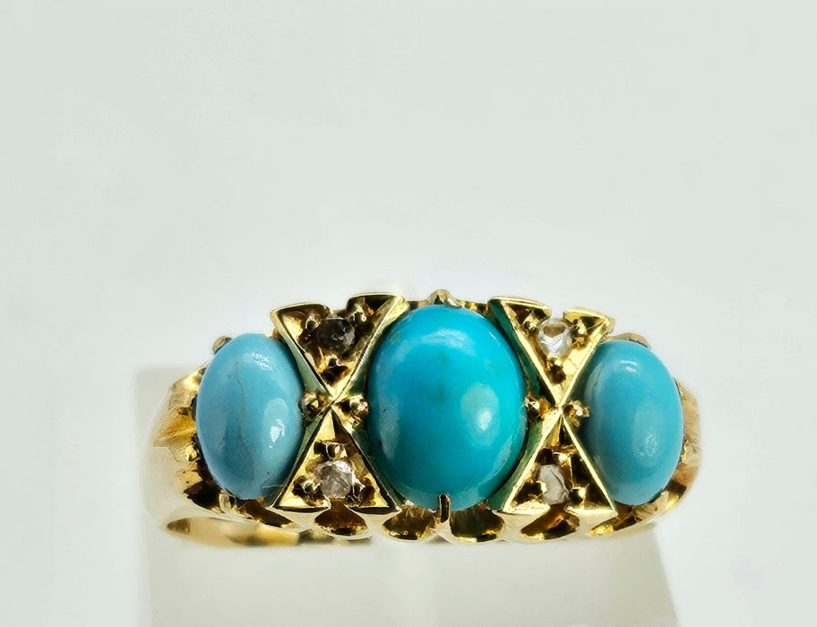 6272: Antique: 18ct Gold Turquoises Diamonds Ring-From 1902 - remarkable