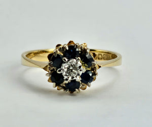 1057: Vintage: 18ct Gold French Blue Sapphires Diamonds Flower Head Ring