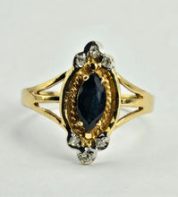 Cargar imagen en el visor de la galería, 1058: Vintage: 9ct Gold Blue Sapphires Diamonds Dress Ring
