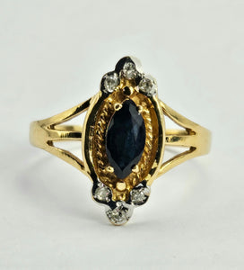 1058: Vintage: 9ct Gold Blue Sapphires Diamonds Dress Ring