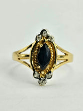 Cargar imagen en el visor de la galería, 1058: Vintage: 9ct Gold Blue Sapphires Diamonds Dress Ring
