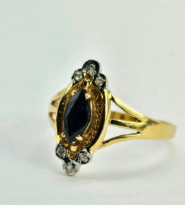 1058: Vintage: 9ct Gold Blue Sapphires Diamonds Dress Ring