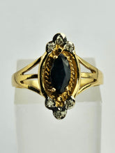 Cargar imagen en el visor de la galería, 1058: Vintage: 9ct Gold Blue Sapphires Diamonds Dress Ring
