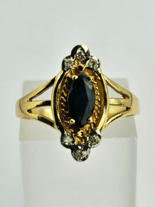 1058: Vintage: 9ct Gold Blue Sapphires Diamonds Dress Ring