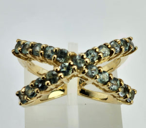 1335: Vintage; Spectacular 9ct Gold 21 Aquamarines Cocktail Ring- striking design