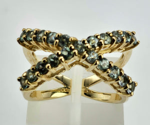 1335: Vintage; Spectacular 9ct Gold 21 Aquamarines Cocktail Ring- striking design