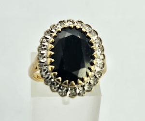 0384: Vintage: 9ct Gold Large Blue Sapphire 24 Diamonds Lady Diana Cluster Ring-