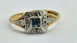 1023: Vintage: 18ct Gold Platinum Sapphire Diamonds Art Deco Style Ring- Date-Mark 1964