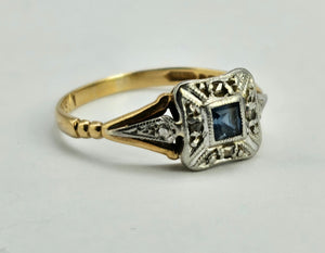 1023: Vintage: 18ct Gold Platinum Sapphire Diamonds Art Deco Style Ring- Date-Mark 1964