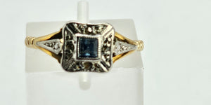 1023: Vintage: 18ct Gold Platinum Sapphire Diamonds Art Deco Style Ring- Date-Mark 1964