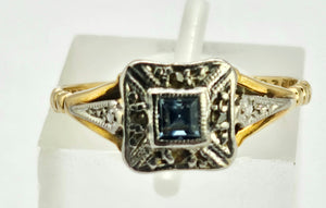 1023: Vintage: 18ct Gold Platinum Sapphire Diamonds Art Deco Style Ring- Date-Mark 1964