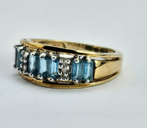 1268: Vintage; 9ct Gold Blue Aquamarines Blue Spinels Ring- rare combination
