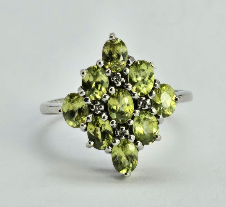 1240: Vintage: 9ct Gold Forest Green Peridots Diamonds Cluster Ring